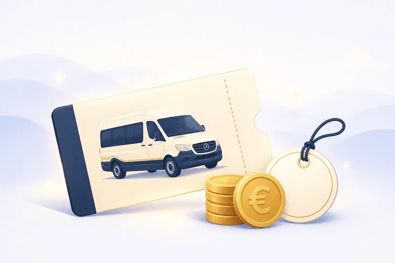 Ilustracja: bilet z busem, monety euro i&nbsp;zawieszka cenowa