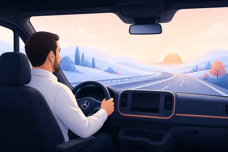Ilustracja: doświadczony kierowca za kierownicą busa Mercedes