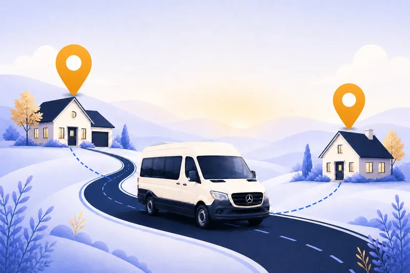Ilustracja: trasa door-to-door — bus między dwoma domami oznaczonymi pinezkami